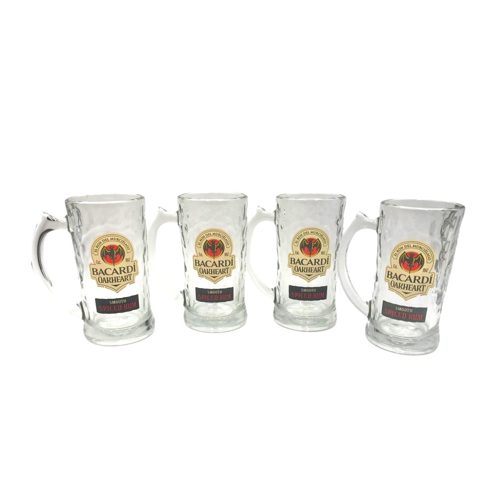 Set of 4 Bacardi Oakheart Spiced Rum Dimpled Clear Glass Mug Barware Made in USA